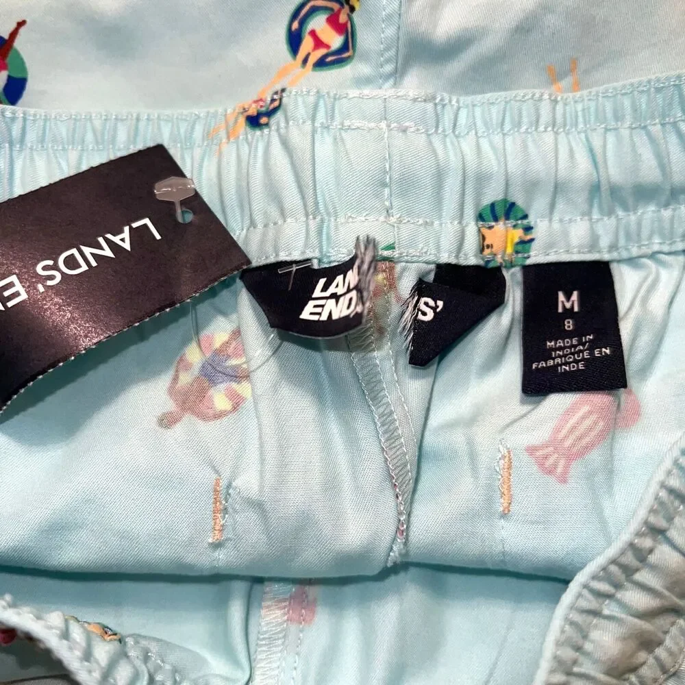Lands End Girls Swim Shorts Beach Print Cotton Summer Light Blue Medium